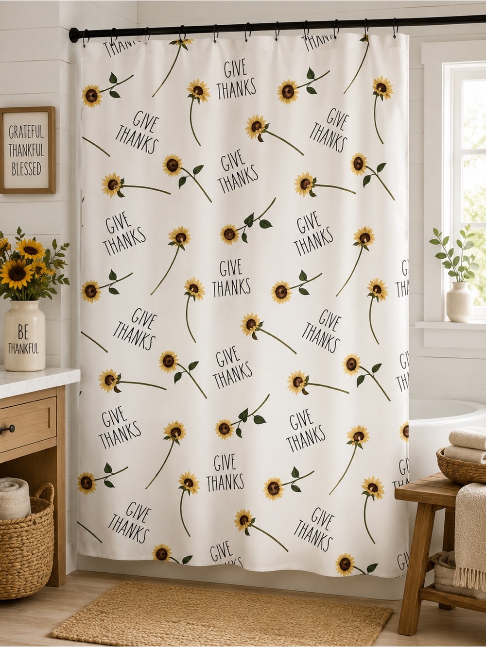 NEW Rae Dunn “GIVE THANKS” Sunflower Shower Curtain 72x72 – Fall Bathroom Decor